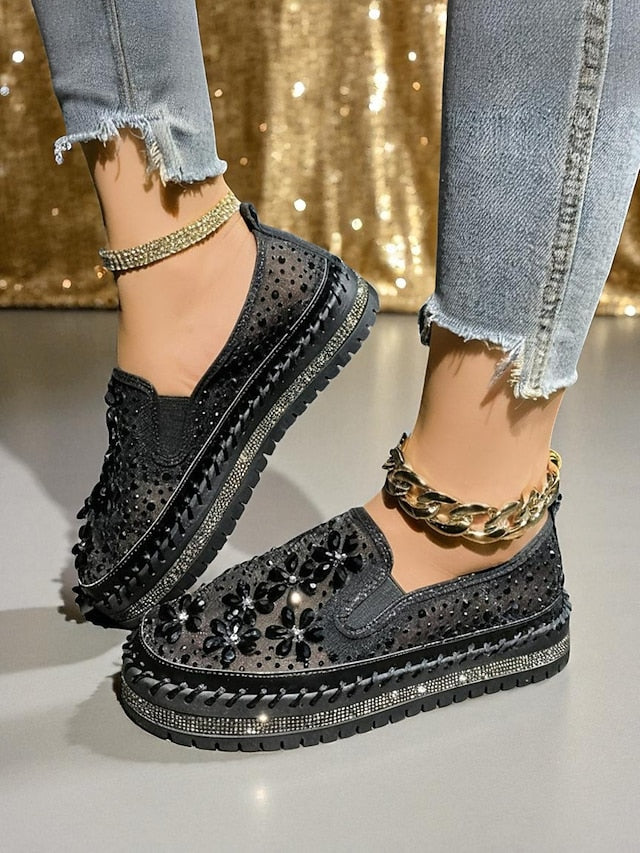 Embellished Sneakers Slip-On with Women's Mesh Rhinestone