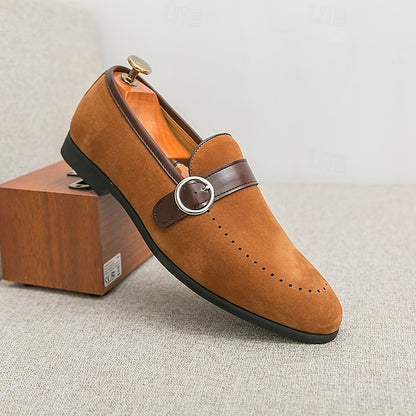 Loafers Buckle Slip-On Strap Brown Suede with Faux Men's