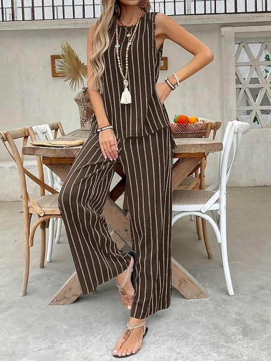 Women's Tracksuit Pants Sets Sleeveless Round Neck Striped
