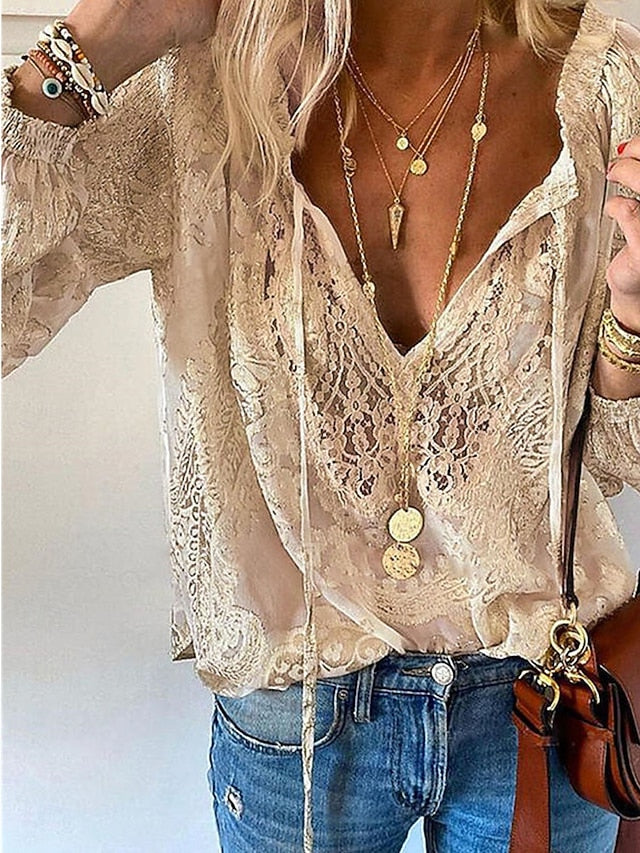 Women's Boho Lace Blouse V Neck Long Sleeve Casual