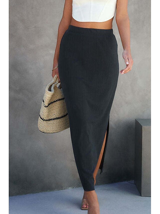 Women's Casual Midi Mid Rise Skirts Plain Split Ends