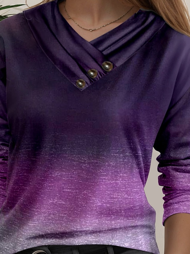Women's Tunic T Shirt Ombre Stylish Casual Long Sleeve V