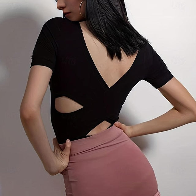 Latin Dance Ballroom Dance Top Lace Hollow-out Pure Color