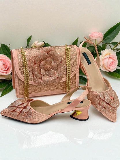 Gold Matching Women's Pumps Rhinestone with Slingback