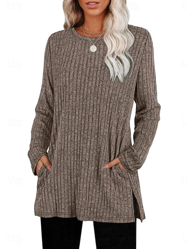 Women's Blouse Long Sleeve Tops Pocket Plain Stylish
