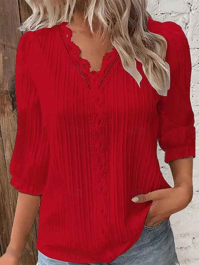Women's Shirt Blouse Lace Tops Eyelet Plain Stylish Classic