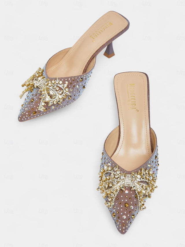 Toe Rhinestone Pointed Slip-On Women's Mules - Glitter