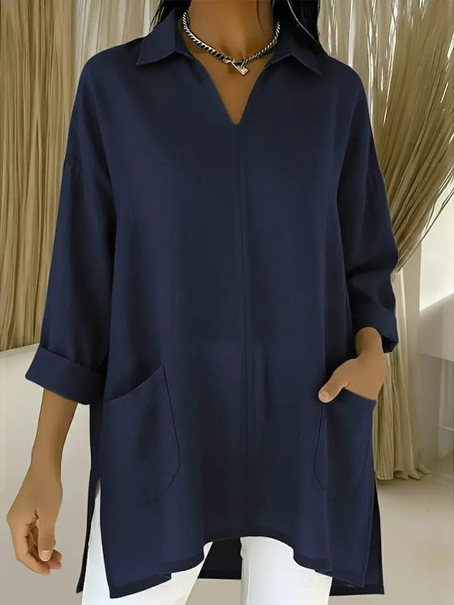 Women's Tunic Cotton Shirt Faux Cotton Linen Pocket Solid