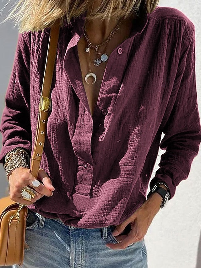 Women's Shirt Blouse Ruched Buttons Plain Casual Long