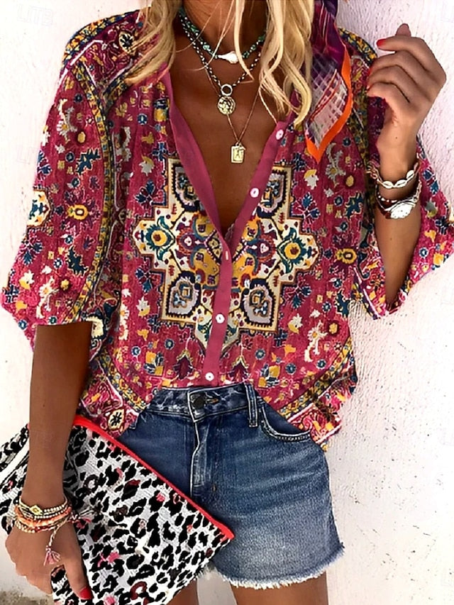 Women's Shirt Button Down Blouse Ombre Floral Graphic