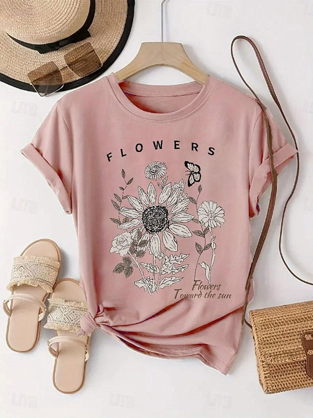 Women's T Shirt Print Sunflower Daisy Letter Fashion Basic