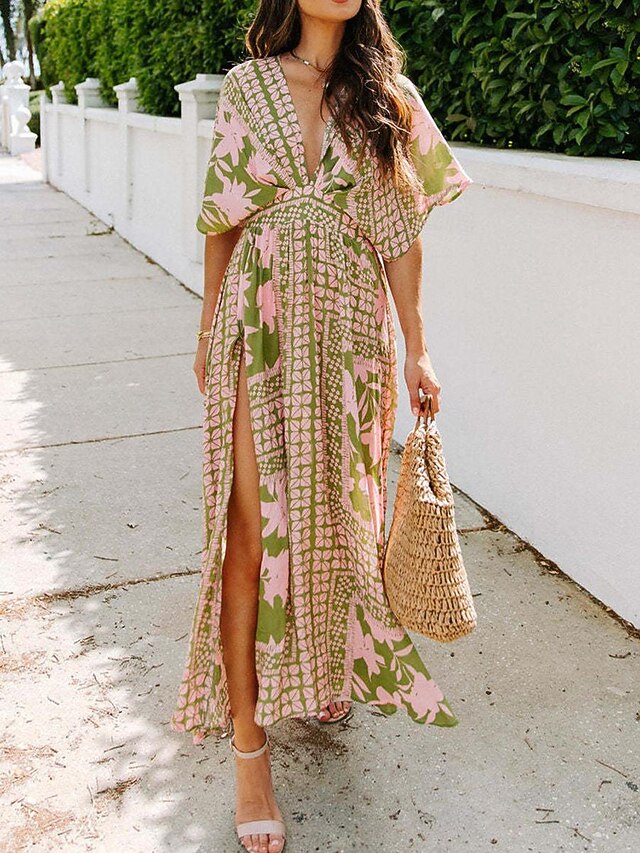 Women's Casual Dress Floral Split Print V Neck Long Dress