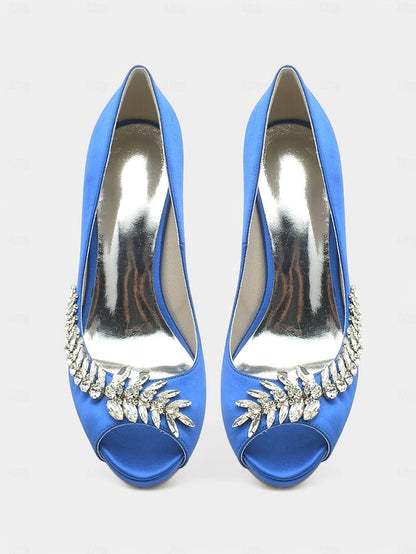 Peep-Toe Embellishment Luxury – Satin Crystal Heels with Blue