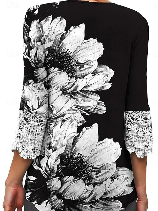 Women's Elegant Lace Tops Eyelet Blouse Casual Ombre Floral