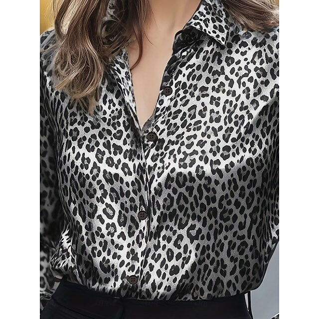 Women's Blouse Buttons Print Leopard Stylish Casual Long