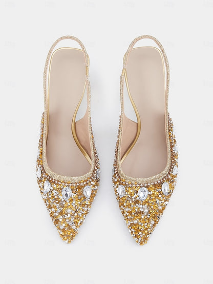 Women's Slingback Heels with Rhinestone Pearl Gold