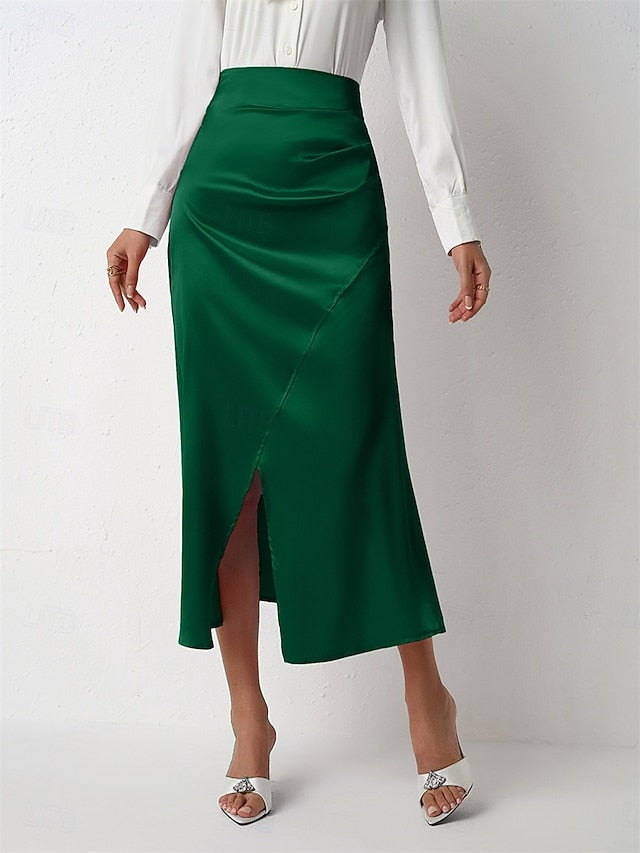 Women's Satin Skirts Elegant Vintage Fashion Casual Midi
