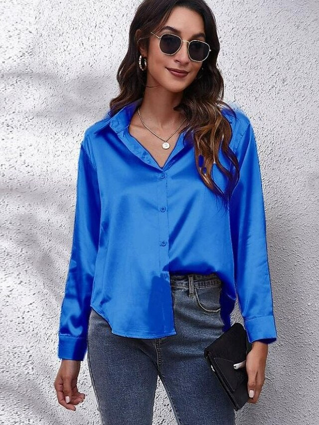Women's Shirt Elegant Dressy Satin Top Buttons Solid Color