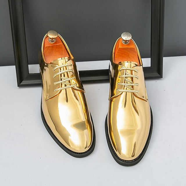 Gold – for Lace-Up Sleek Shoes Leather Men Patent Shiny
