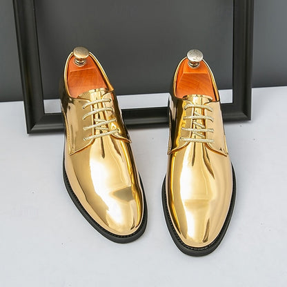 Gold – for Lace-Up Sleek Shoes Leather Men Patent Shiny