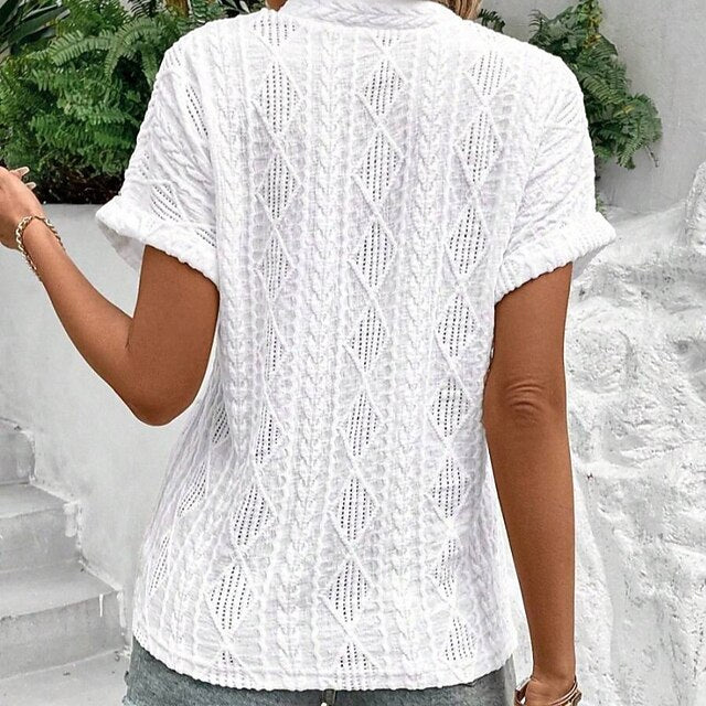 Women's Eyelet Top Pointelle Tee Elegant Short Sleeve V