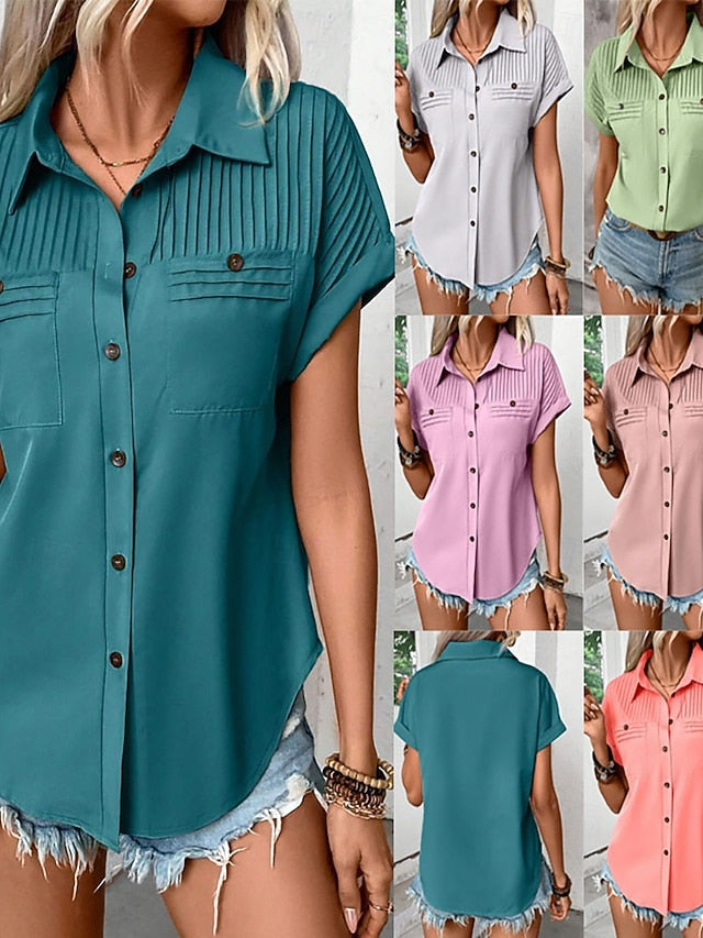 Women's Shirt Blouse Ruched Buttons Plain Elegant Stylish