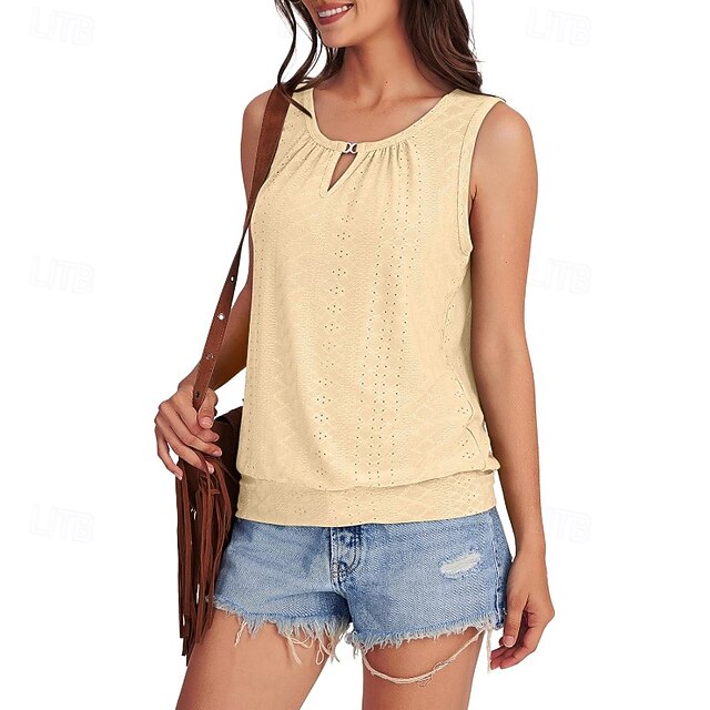 Women's T Shirt Eyelet Solid Color Casual Sleeveless Crew
