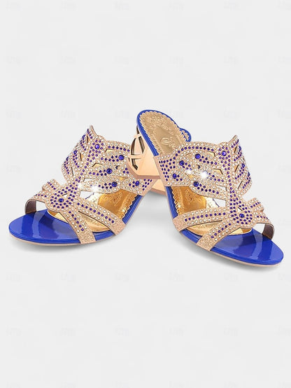 and Heeled Sandals Rhinestone Gold Embellished - Green