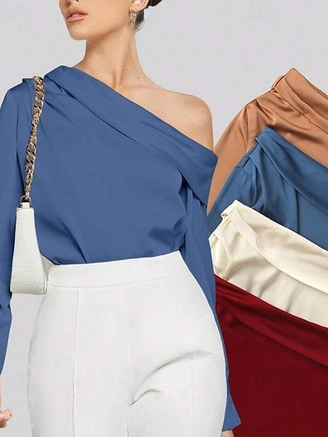 Women's Shirt Elegant Dressy Satin Top Asymmetric Solid