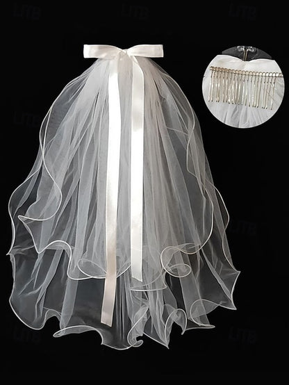 Ivory Ribbon Soft Bridal Satin Tulle and with Elegant Veil -