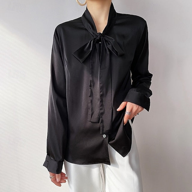 Satin Solid Women's Shirt Buttons Top Elegant Silk