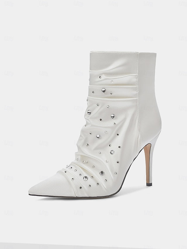 Rhinestone White with Satin Women's Ankle Boots