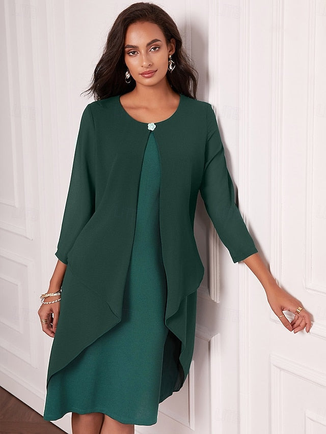 Women's Evening Dress Cape Sleeve Knee-Length Elegant Green