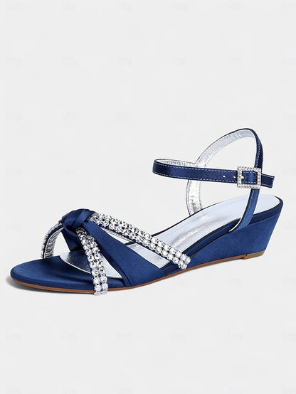 Satin Wedge Women's Sandals Knot Rhinestone Green