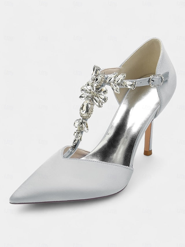 T-Strap – Toe Heels Blue Women's Navy Pointed Satin