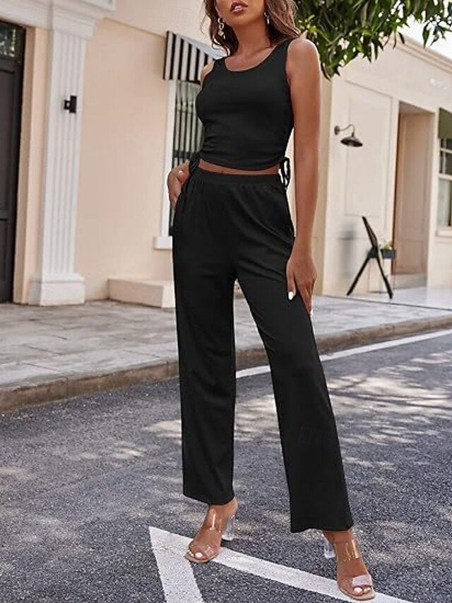Women's Pants Sets Long Sleeve Round Neck Solid Color