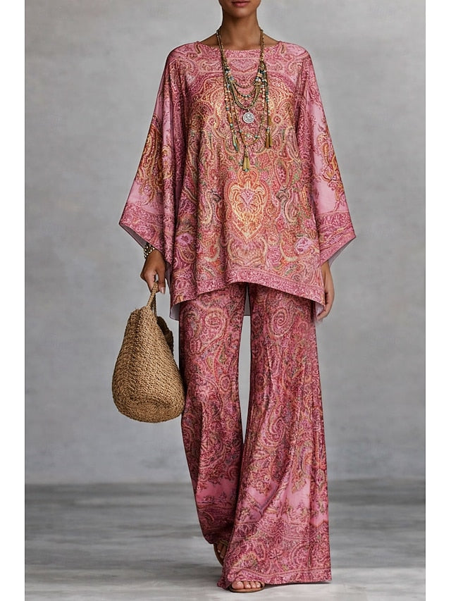 Women's Pants Sets Long Sleeve Round Neck Graphic Paisley