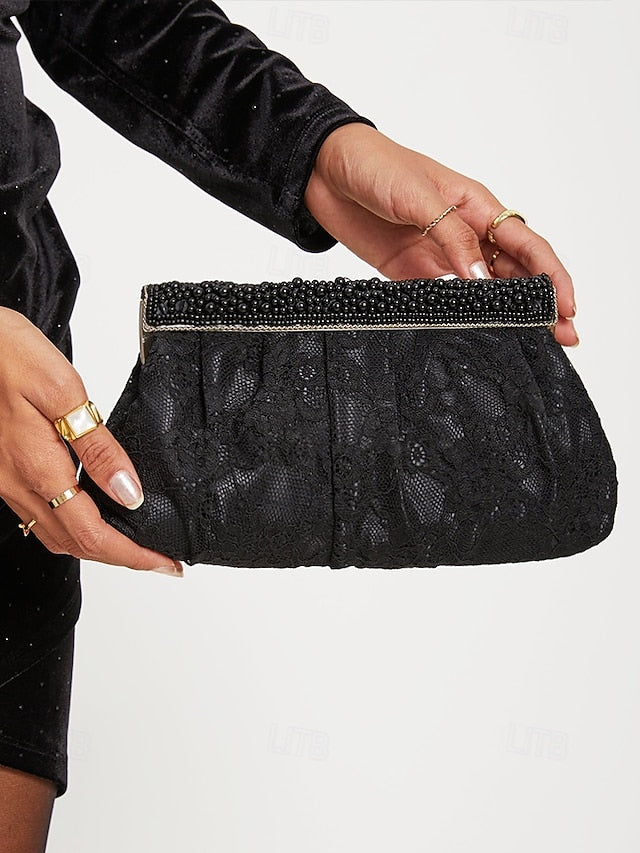 Bag Women's Clutch Beaded Black Evening with Elegant Lace