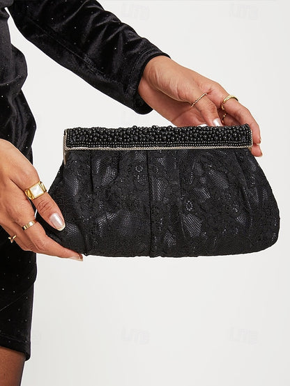 Bag Women's Clutch Beaded Black Evening with Elegant Lace
