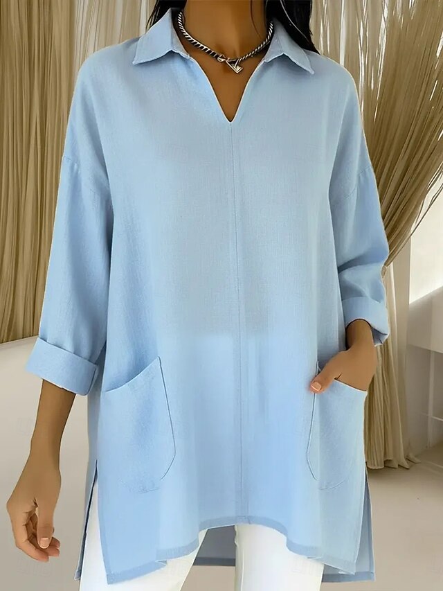 Women's Tunic Cotton Shirt Faux Cotton Linen Pocket Solid