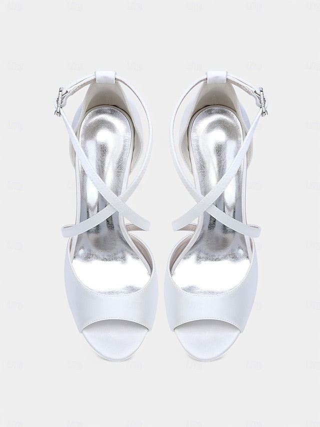 Satin – White Women's Cross-Strap Peep-Toe Heels Elegant