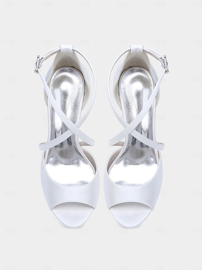 Satin – White Women's Cross-Strap Peep-Toe Heels Elegant
