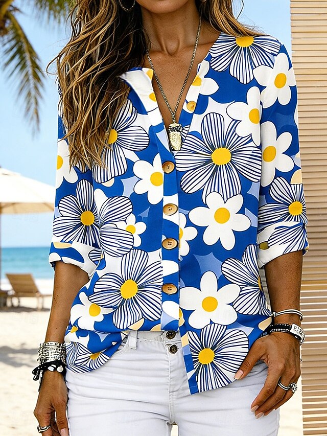 Women's Shirt Tunic Summer Tops Buttons Floral Graphic