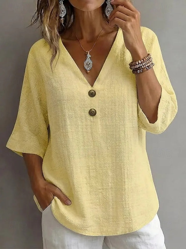 Women's Blouse Faux Linen Shirt Buttons Solid Color Daily