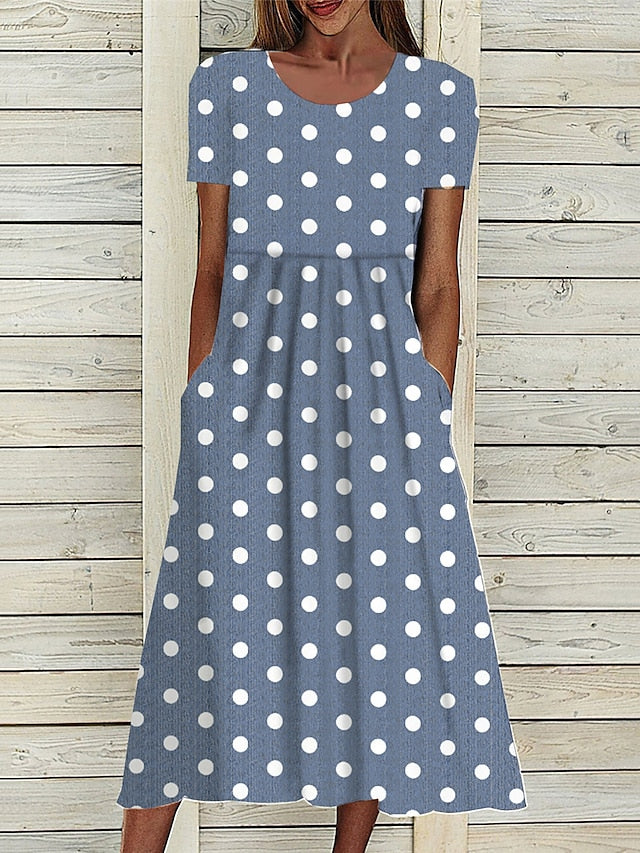 Women's Midi Dress Floral Polka Dot Pocket Print Crew Neck
