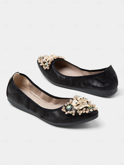 with Foldable Women's Black Ballet Flats Rhinestone