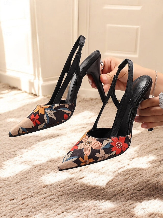 Toe – Pointed Slingback Heels Elegant Floral High Women's