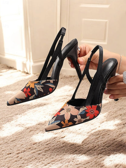 Toe – Pointed Slingback Heels Elegant Floral High Women's