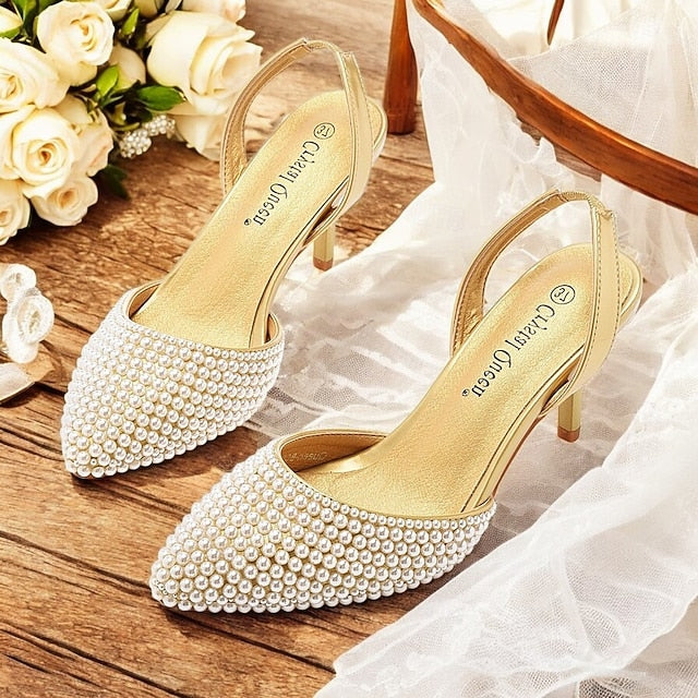 – Pearl Embellishments Heels Women's White Slingback with