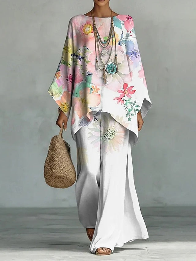 Women's Pants Sets Long Sleeve Round Neck Floral Graphic